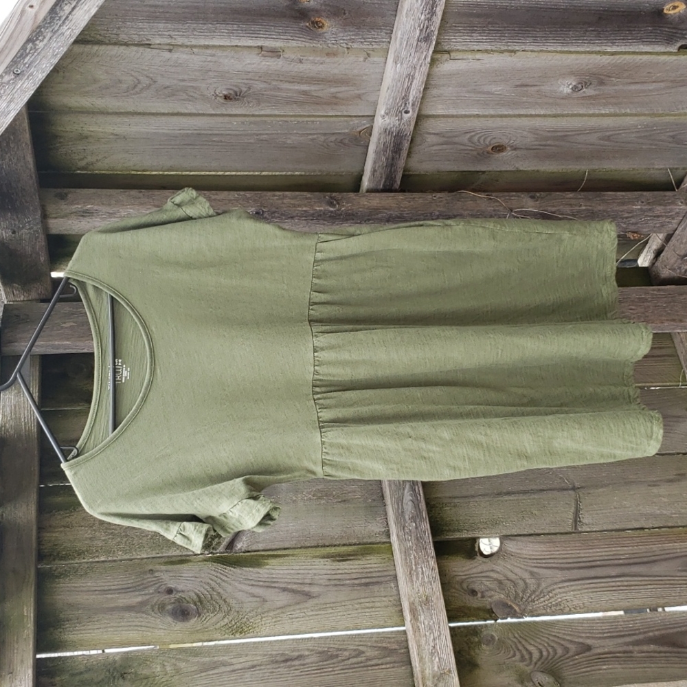 Women's Army Green Dress ⭐!Pockets!⭐! Ruched Waist & Cute Ruffle Sleeves Size S